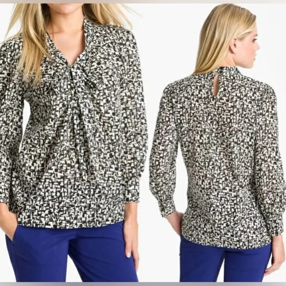 Kate Spade Reade Tie Neck Bow Blouse Black White Abstract Print Workwear Size 8